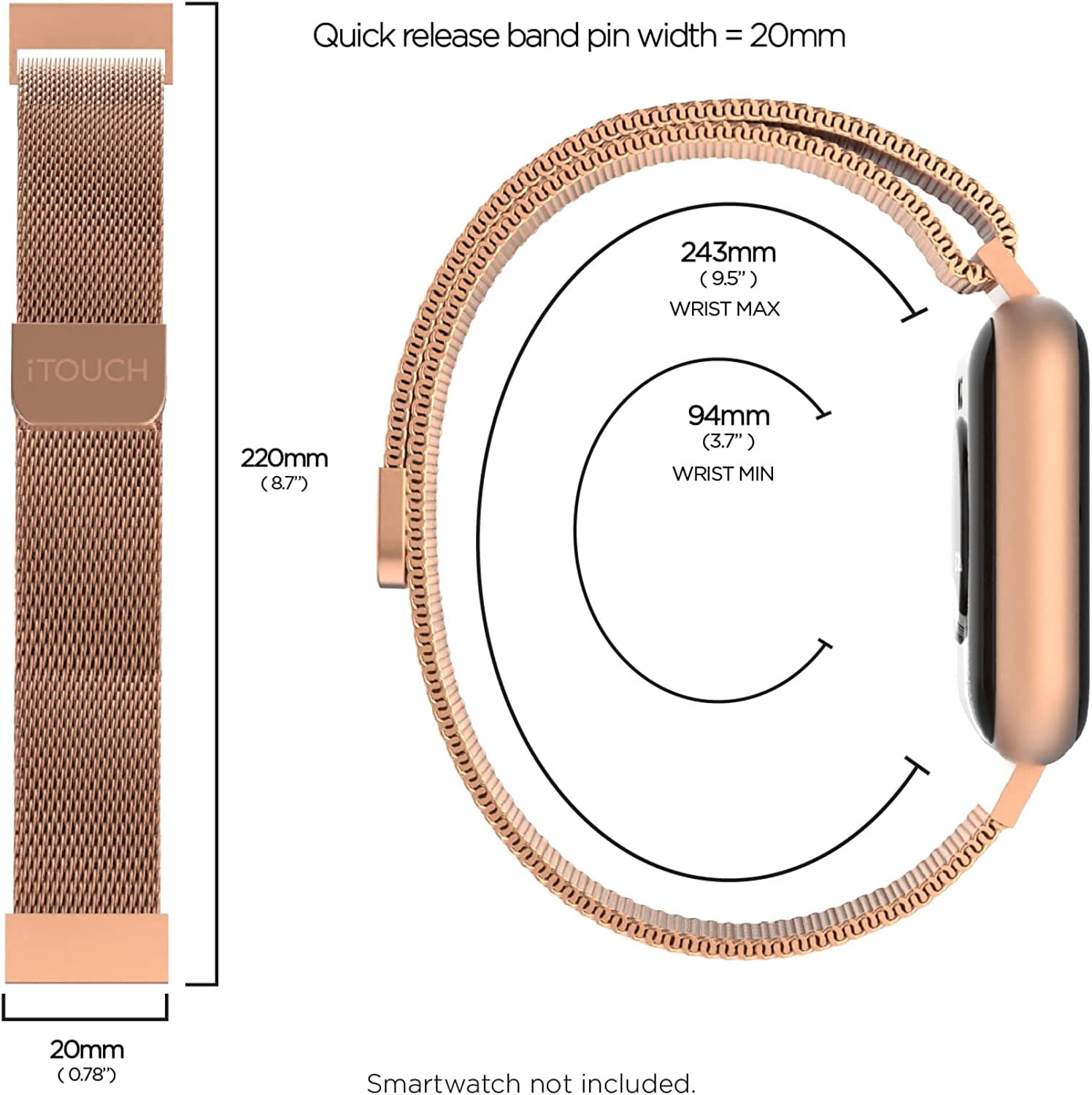 iTouch Air 3 40mm/Sport 3 Unisex Extra Interchangeable Metal Strap: Narrow Rose Gold Mesh