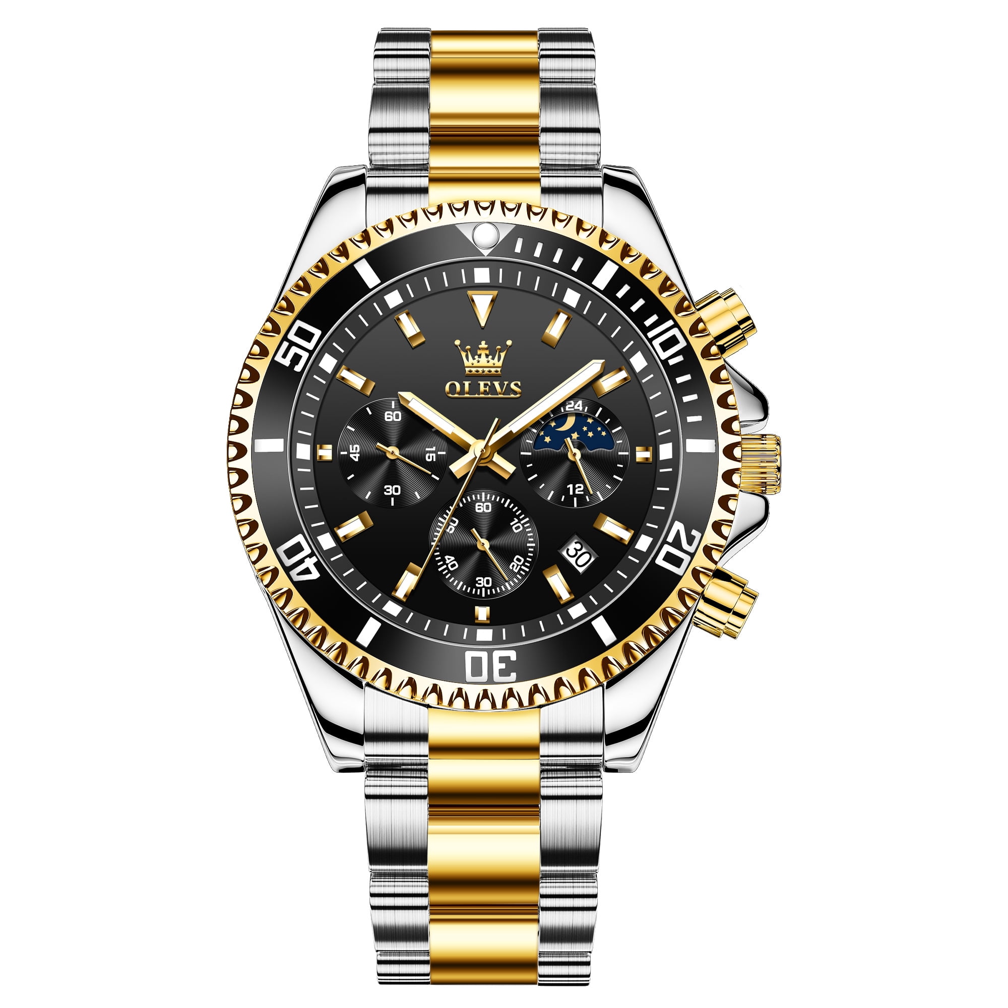 OLEVS Watches for Men Luxury Analog Quartz Chronograph Business Dress Gold Plated Stainless Steel Moon Phase Waterproof Luminous Date Casual Mens Wrist Watches Reloj Para Hombre