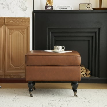 Classic PU Leather Ottoman, Solid Wood Legs, Casters, Brown