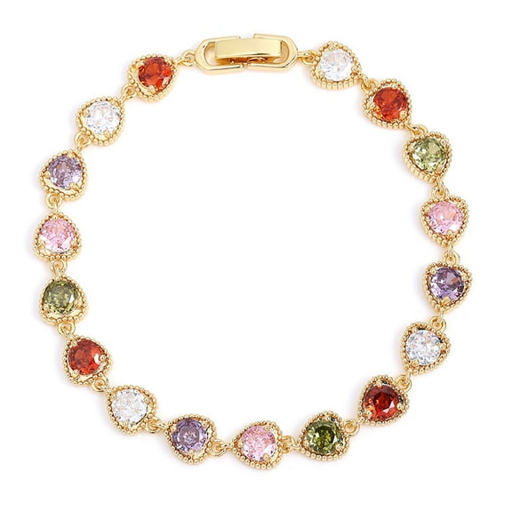 Fiaya Women Colored Cubic Zirconia Tennis Bracelet, 1Pc Artificial Gold Plated Heart Link Bracelet, Sparkly Rhinestone Rainbow Bracelet for Women Birthday Anniversary Mother's Day