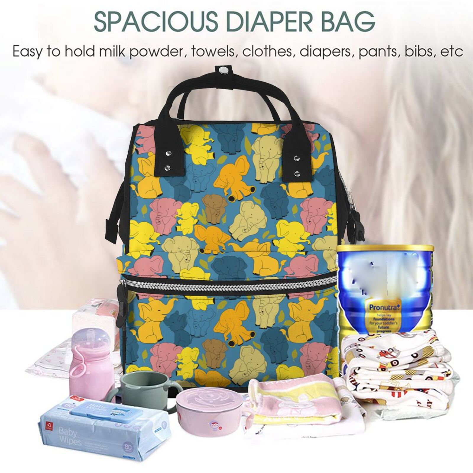 Fuzoiu Retro Boho Elephants Print Diaper Bag Backpack,Baby Essentials Travel Tote,Multi function Waterproof Diaper Bag, Travel Essentials Baby Bag - Unisex