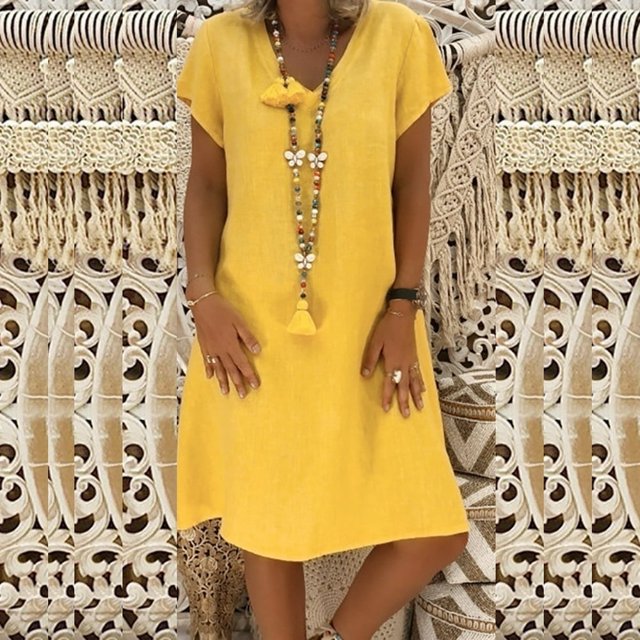 CHOK Mode Femmes Robe Ample Col en V Été Manches Courtes Coton et Lin Robes Printemps Été pour Femmes Bleu TG