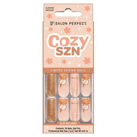 Salon Perfect Halloween Fall Artificial Fake Press On Nails, 406 Gold Glitter Pumpkin, Long Square, File, Glue and Prep Pad Included, 30 Nails