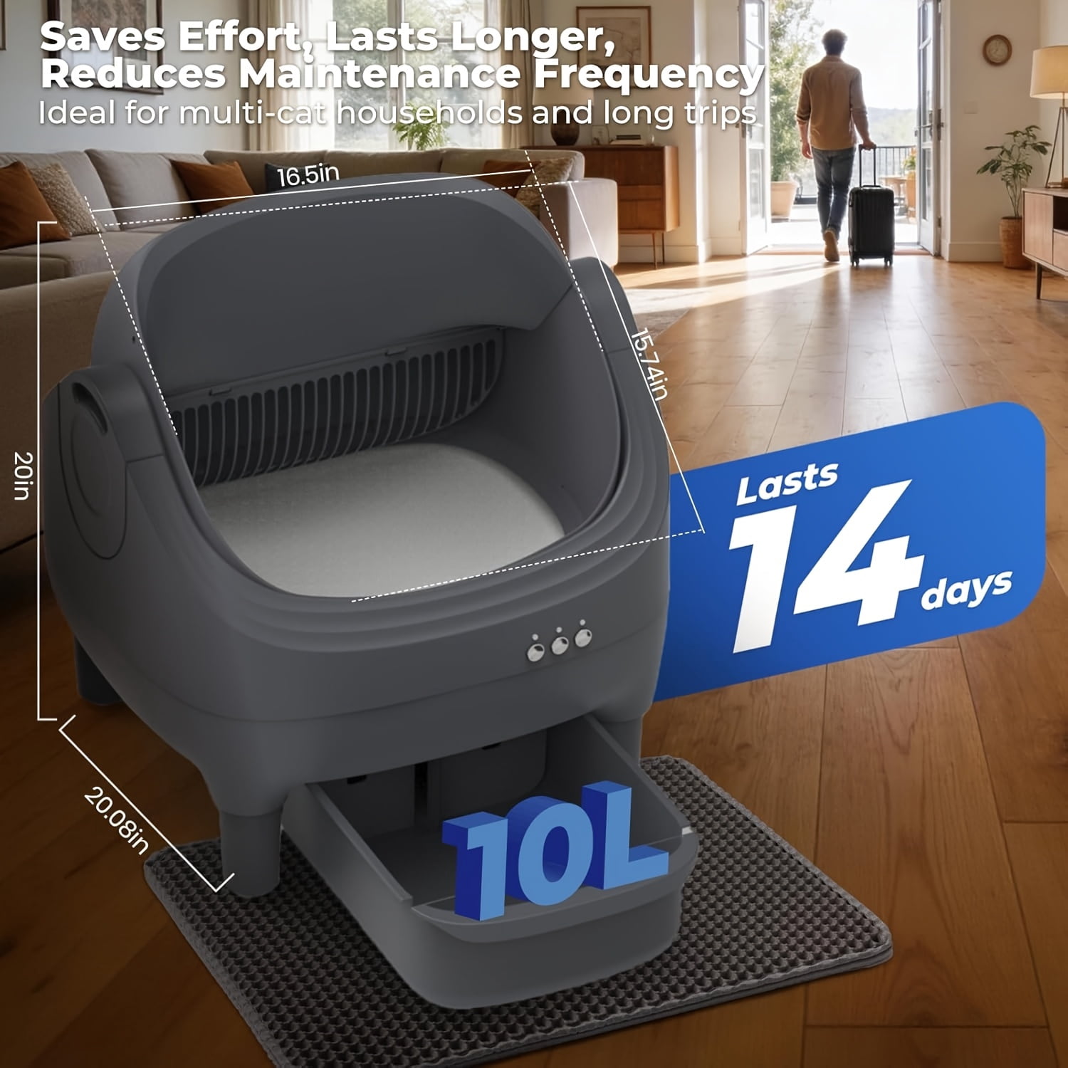 3.43 Gal Extra Large Gray Self Cleaning Cat Litter Box, 2.4G Wifi Automatic Kitty Litter Boxes, Double Odor Removal Safety Protection With App Control, Contain 1 Rolls Liners Bags, 1 Cat Litter Mat