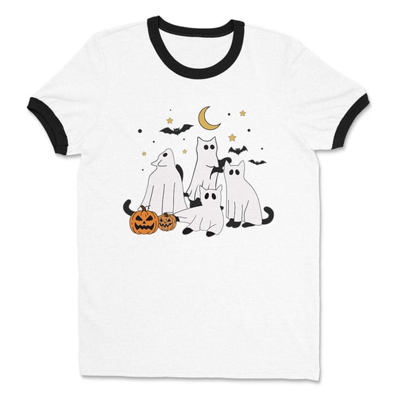 Halloween Ghots Cats Ringer Tee Shirt Unisex Large White/Black