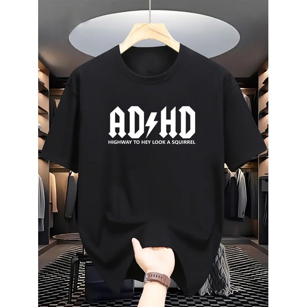 AD&HD" Letters Print Men's Crew Neck Short Sleeve T-shirt, Casual Tees, Summer Trendy Comfortable Versatile Top for Casual Attire, Casual Sporty Tee, Summer Gifts