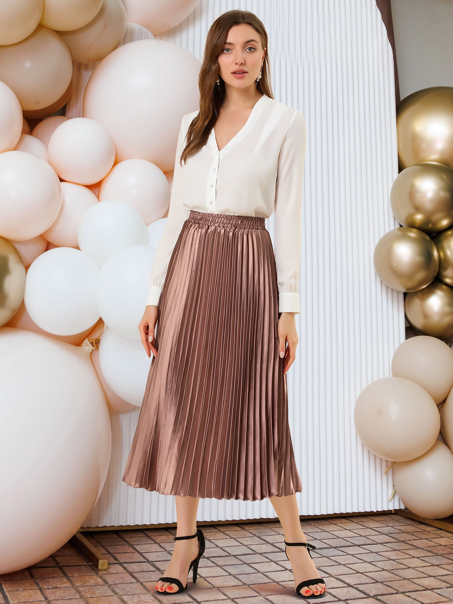 DARING DIVA Women's Midi Length Elastic High Waisted Pleated Skirt 2XL Copper