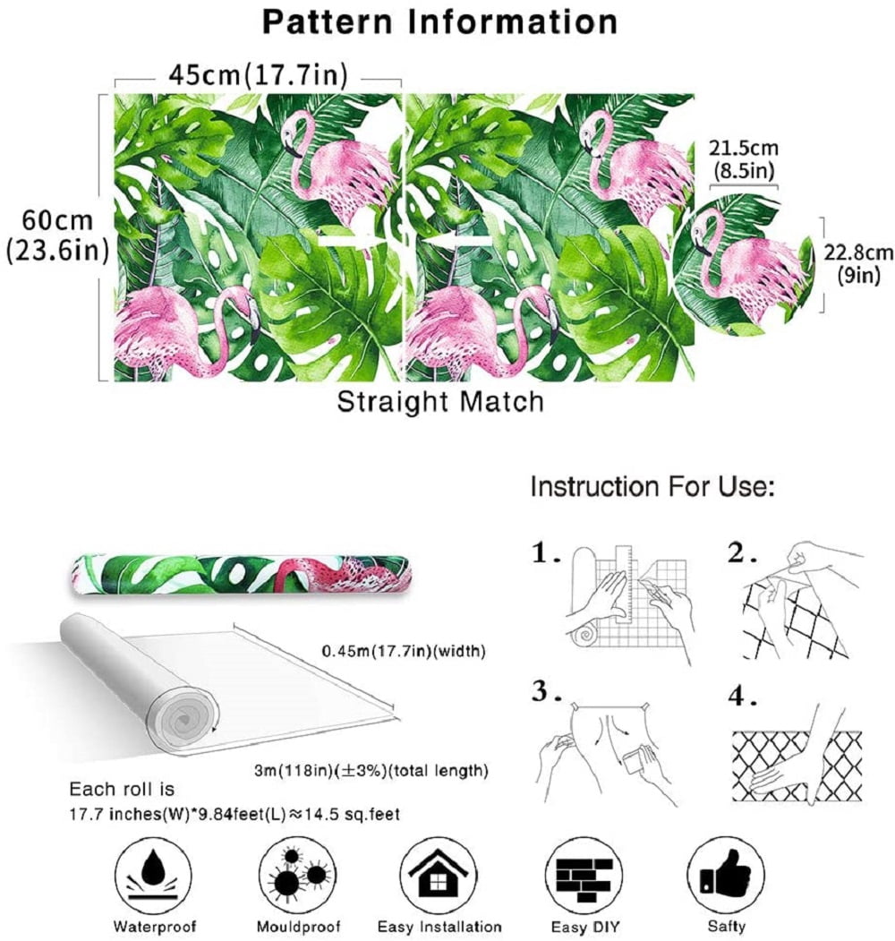 Watercolor Flamingo Tropical Peel and Stick Wallpaper Removable Green/Pink Vinyl Self Adhesive Shelf Liner 17.7in x 9.8ft