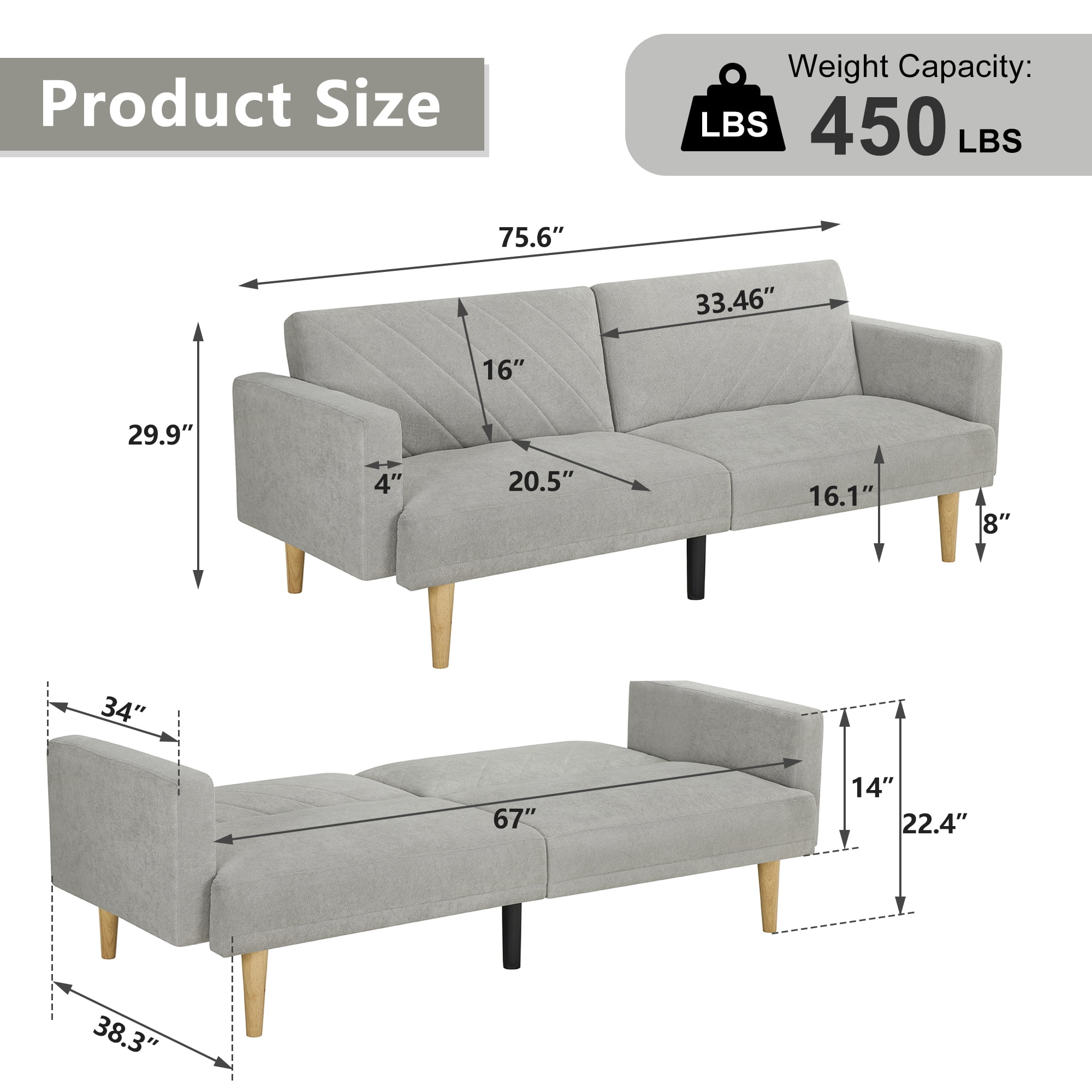 Futon Sofa Bed,Small Sofa,Sleeper Sofa,Mid Century Modern Futon Couch, Sofa Cama for Living Room,Gray