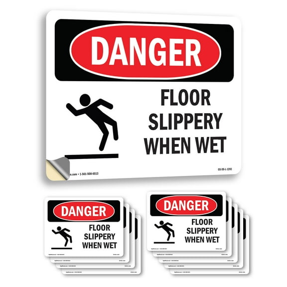 Floor Slippery When Wet OSHA Danger Vinyl Decal Label 10 Inch x 7 Inch - 10 Pack
