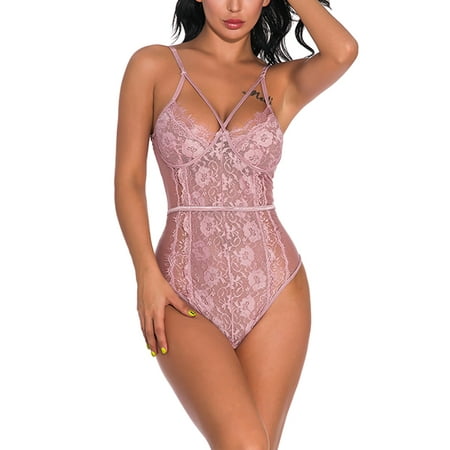 

Glookwis Ladies Bodysuit Lace Lingerie Solid Color Babydoll Club Sleeveless Sleepwear V Neck Nightwear Pink L