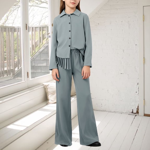 XIMIN 2 Piece Outfits for Girls V Neck Long Sleeve Pleated Back Button Tops Shirt and High Waisted Palazzo Pants Set Teen Comfy Clothes Causal Sets