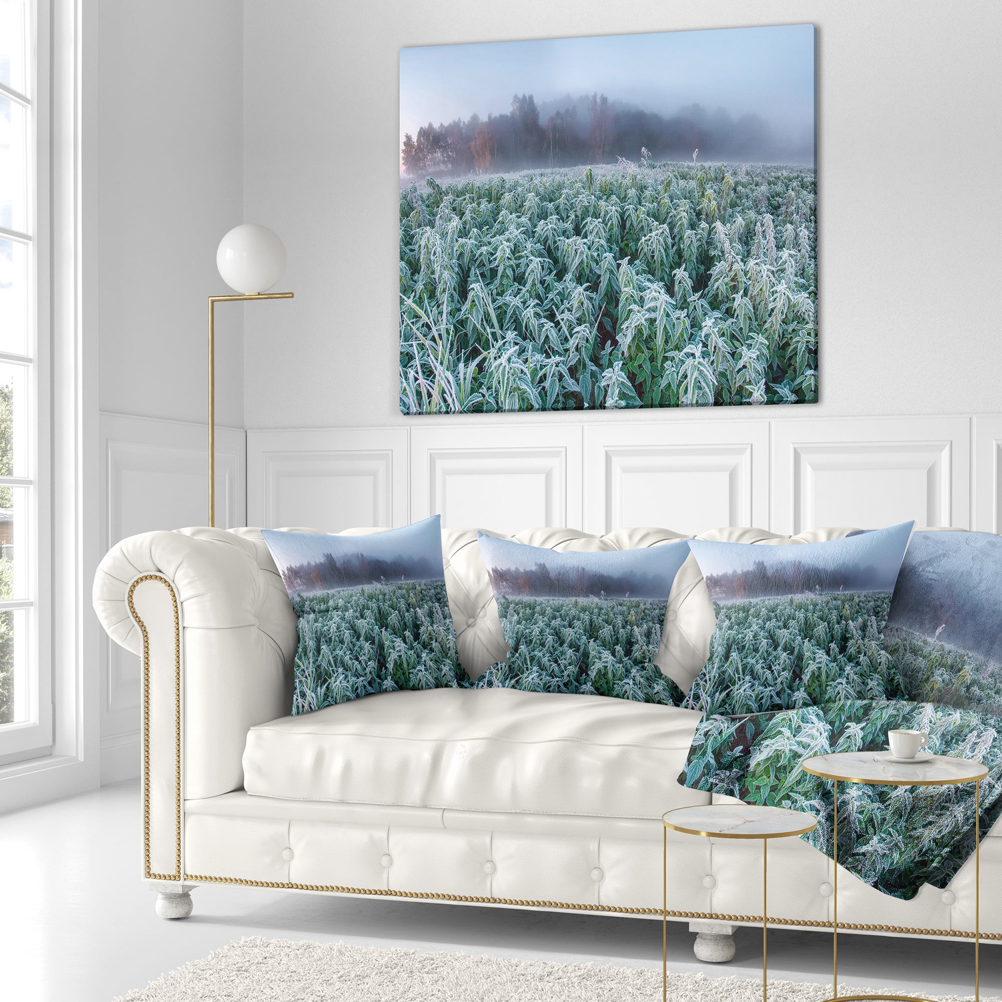 Designart Frozen Hemp Field in Autumn Morning - Landscape Printed Throw Pillow - 16x16