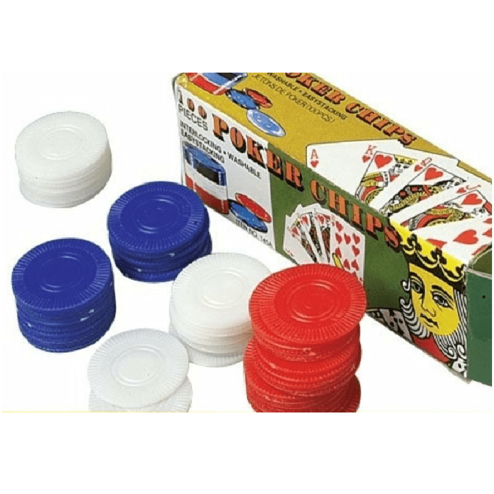 100 Plastic Poker Chips Red White Blue