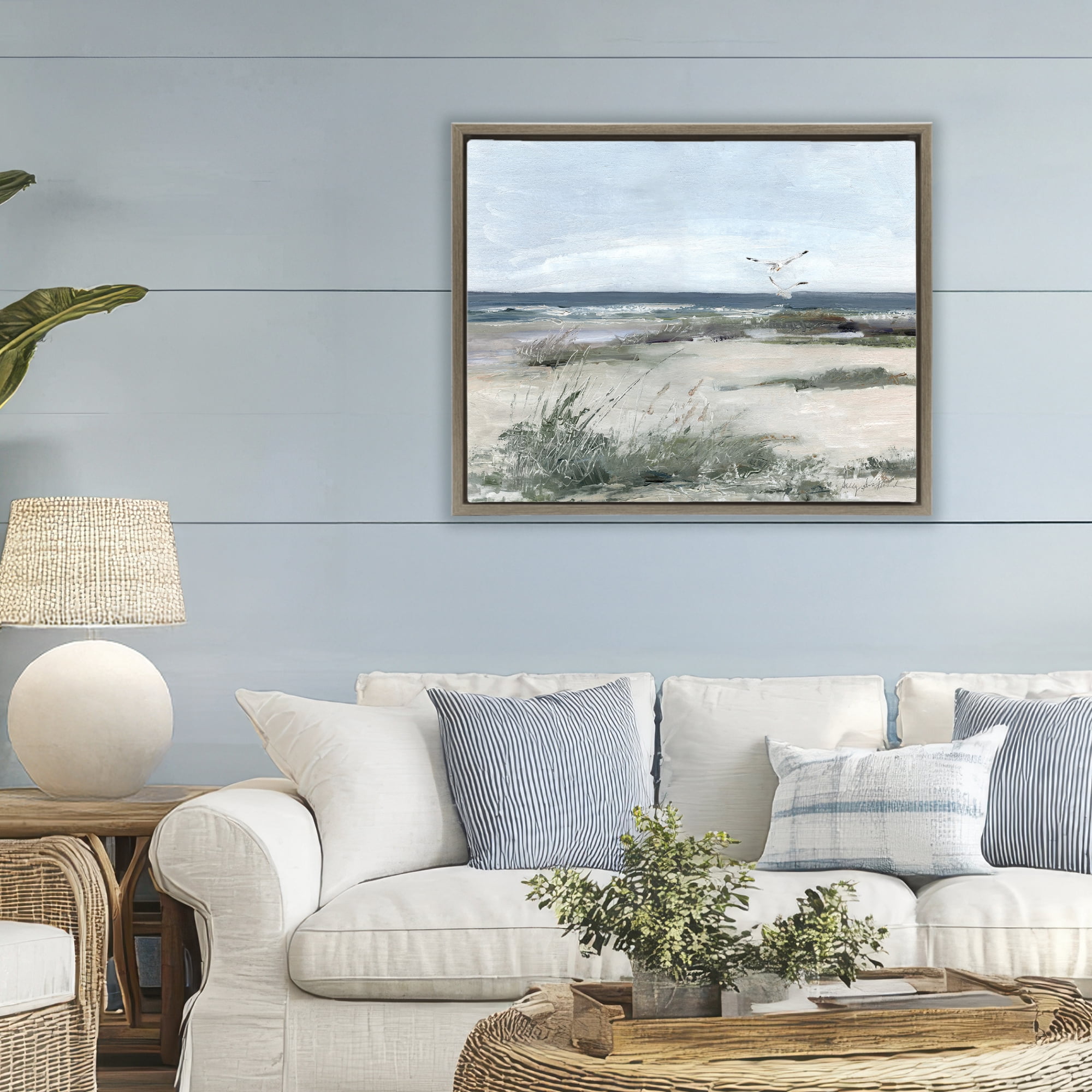 Stupell Industries Seagull Pair over Waves Brown Framed Floater Canvas Wall Art, design by Sally Swatland