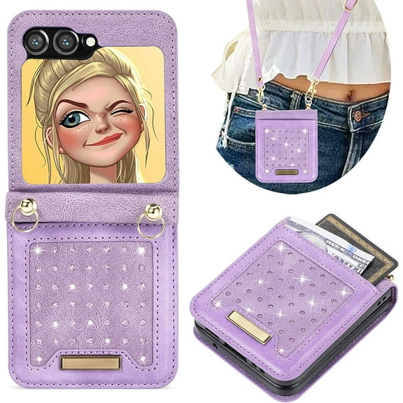 for Samsung Galaxy Z Flip5 Crossbody Wallet Case for Women, Bling Glitter PU Leather Phone Case with RFID Blocking Card Holder Cover for Samsung Galaxy Z Flip 5 SZ Purple