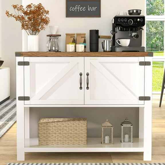 Farmhouse Coffee Bar Cabinet with Barn Doors, White Coffee Bar Stand with Storage, 36 inch Coffee and Tea Bar with Bottom Shelf for Living Dining Room
