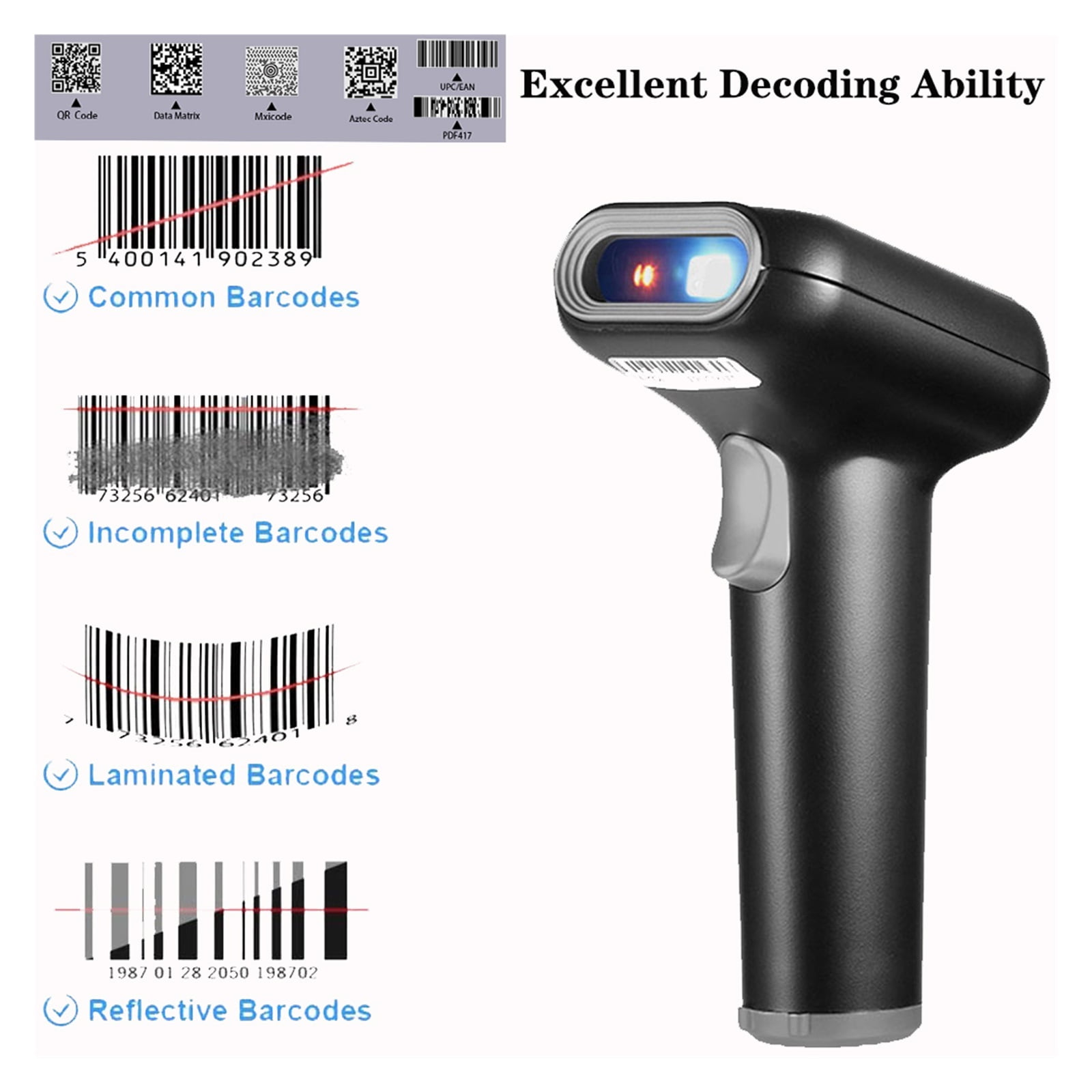 2D 1D Barcode Scanner High-performance Scanner QR Code Reader USB Wireless High Speed Durable Full Exposure With Base For Store ,Easy to Operate