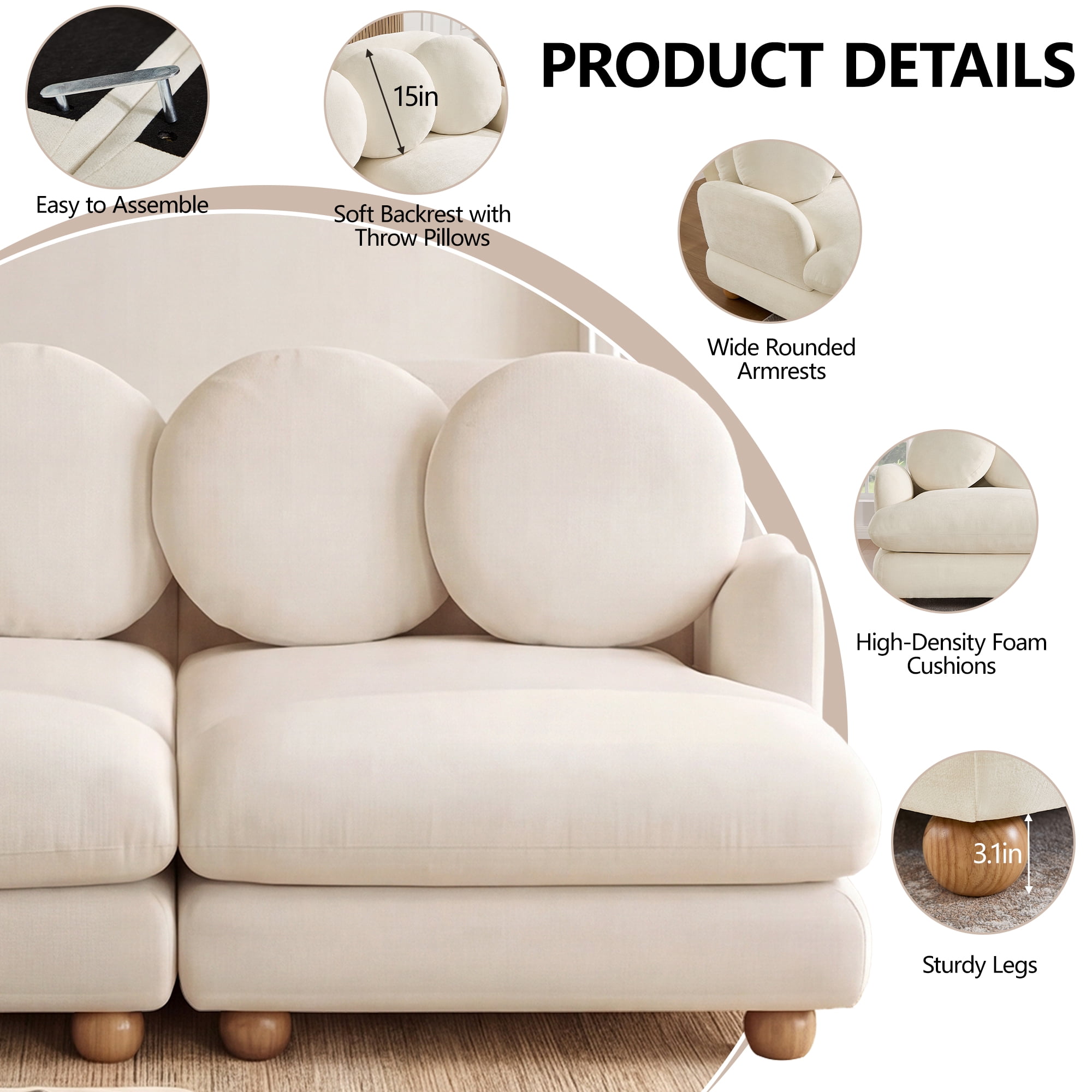 123" L-shaped 5 Seater Comfy Chenille Modular Sectional Sofa Couch with 8 Throw Pillows and Ottoman