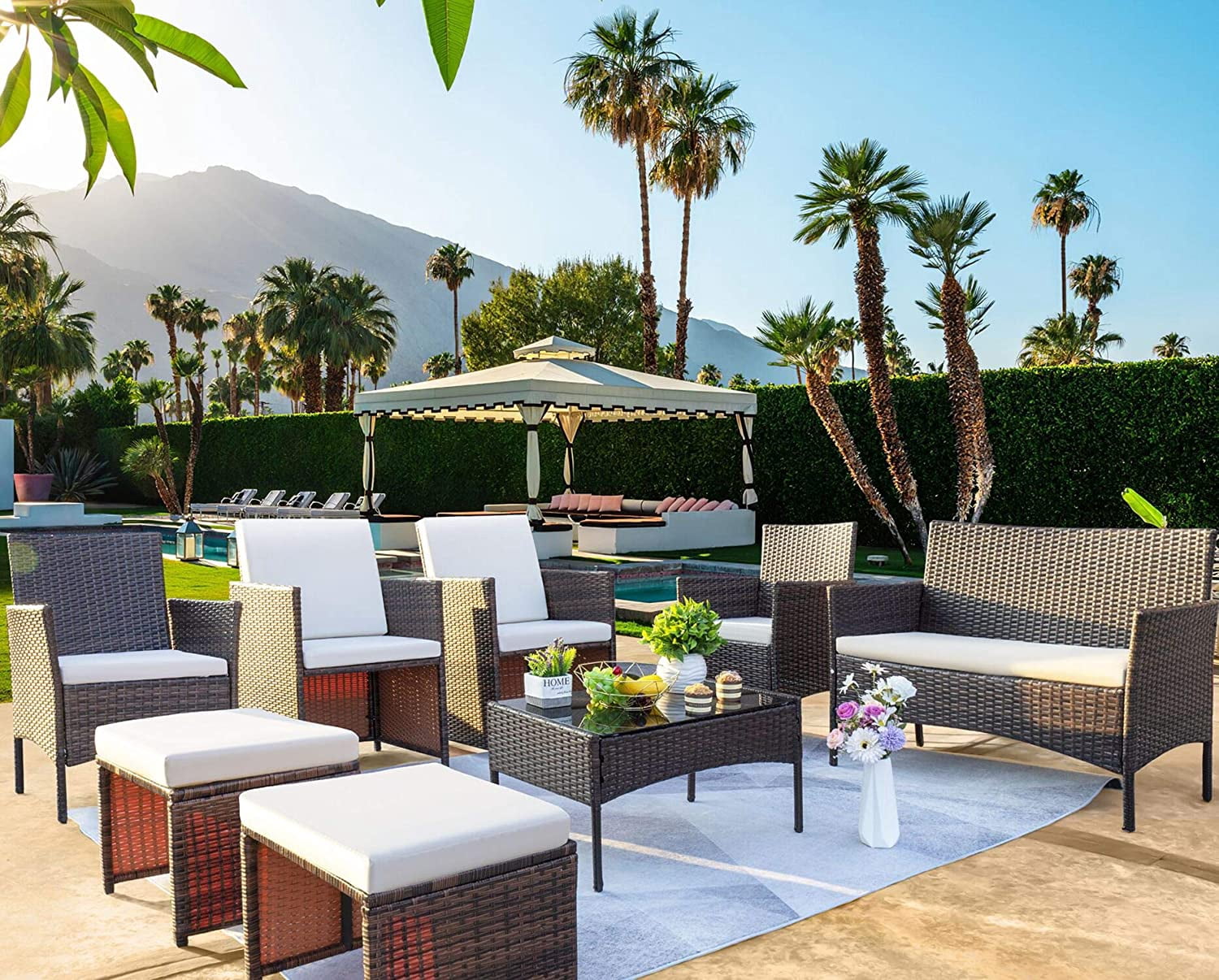 Vineego 8 Pieces Patio Furniture Set Outdoor All Weather Cushioned Wicker Chairs with Ottoman and Glass Table(Beige)