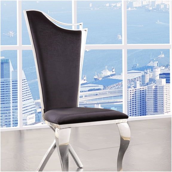 Modern Black & Silver Side Chairs, Set of 2 - Stainless Steel Frame & PU Leather Upholstery Dining Chairs, High Back Armless Chairs for Kitchen, Dining Room, Cafe