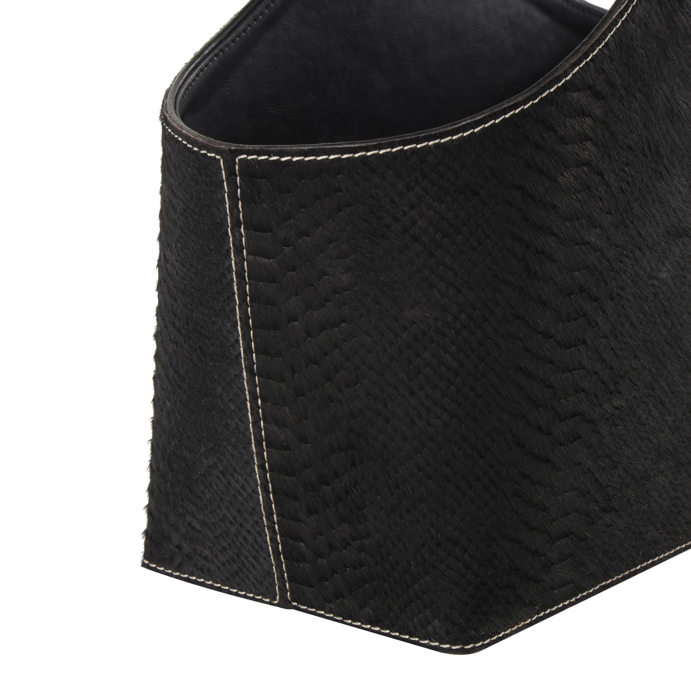 DecMode 15" Black Leather Handmade Box Style Magazine Holder with Detail Stitching and Curved Buckle Handles