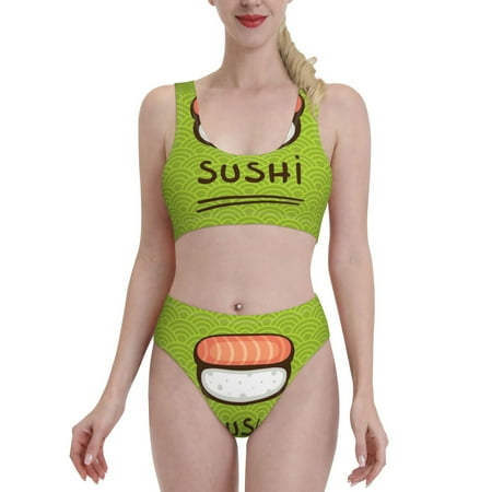 Bixox Fresh Sushi Pattern Two-Piece Sports Bikini with U-Shaped Top and High-Waist Bottom - Women s Swimwear with Removable Bra Pads