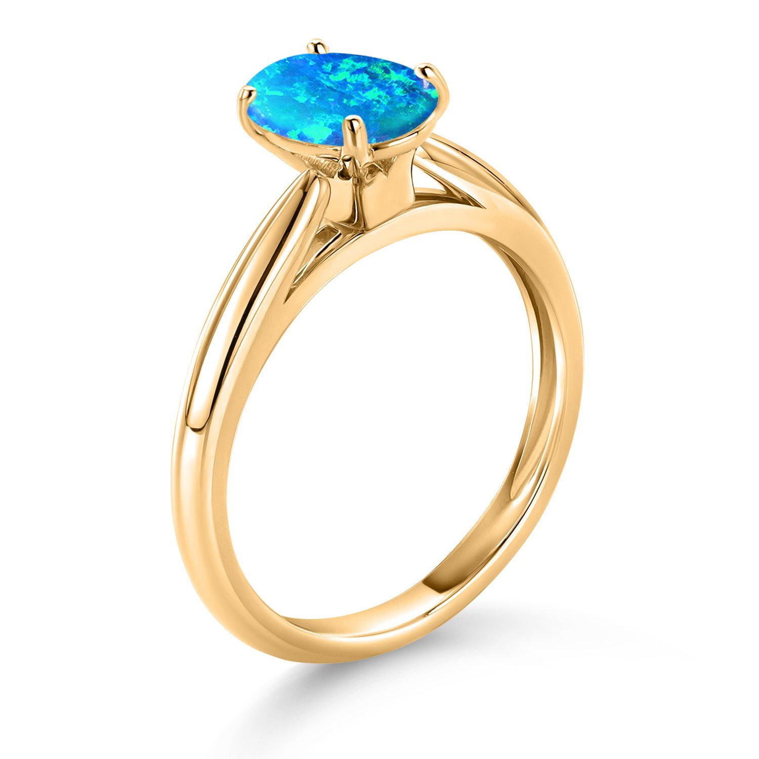 Gem Stone King 10K Yellow Gold Blue Opal Solitaire Engagement Ring for Women (1.06 Cttw, Oval Cabochon 8X6MM, Gemstone October Birthstone, Available in Size 5, 6, 7, 8, 9)