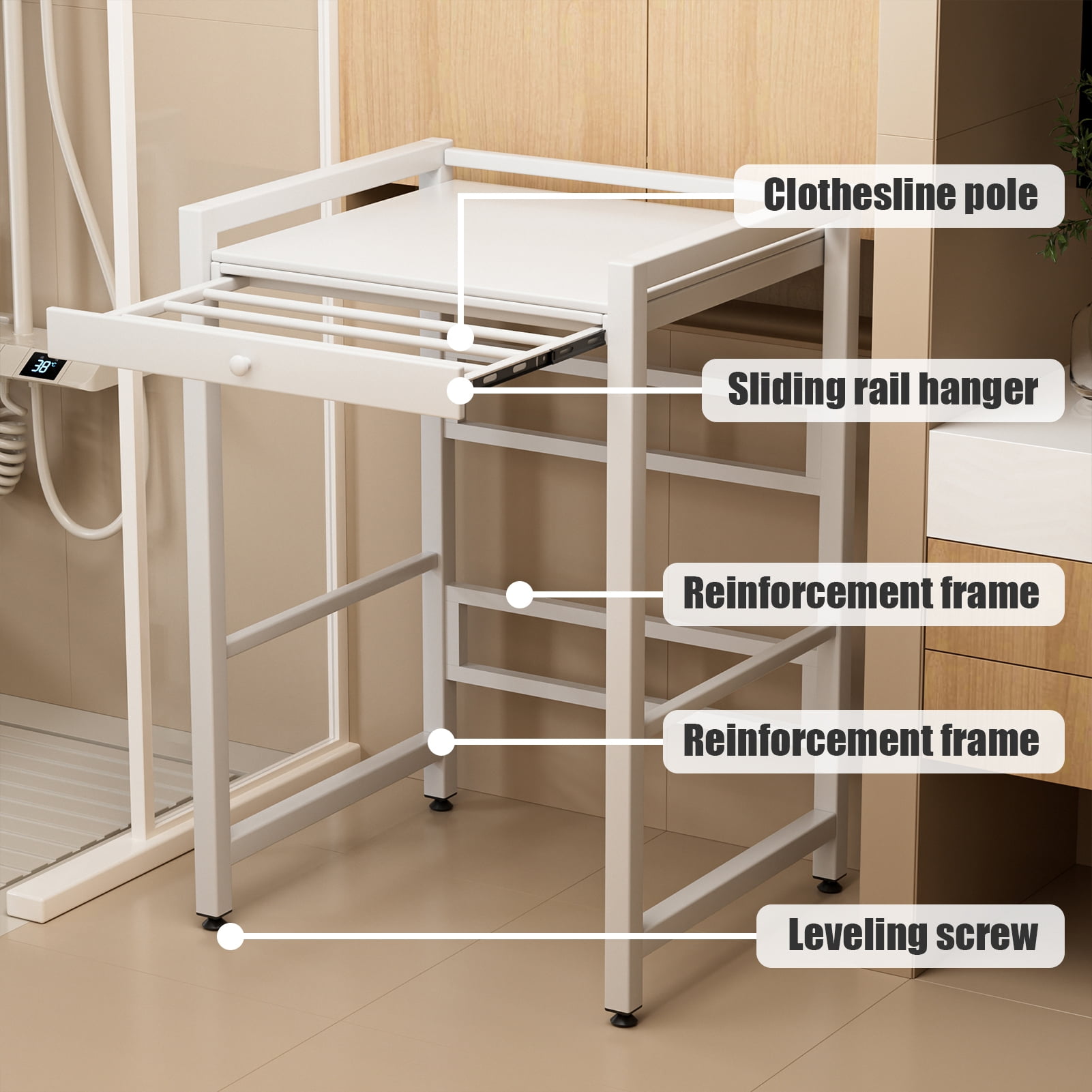 SHUO Y - Over The Washer Storage Shelf, Washing Machine Storage Utility Rack with Countertop, Washing Machine Storage Stand, White