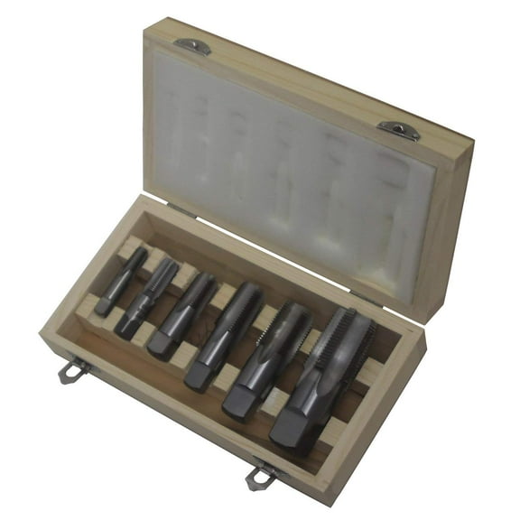 Drill America - DWTHS1/8-1SET 6 Piece NPT Pipe Tap Set in Wooden Case (1/8", 1/4", 3/8", 1/2", 3/4" and 1"), High Speed Steel, DWT Series