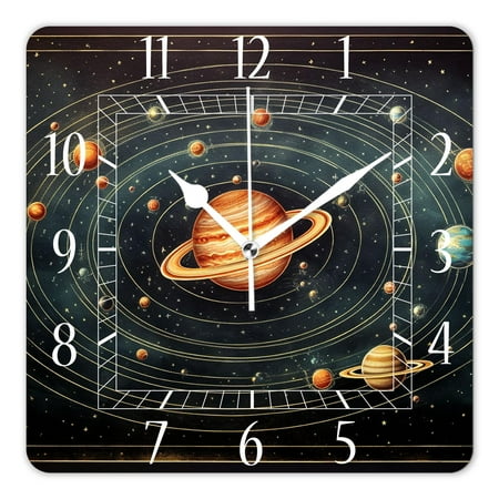 14 Inch Wall Clock Battery Operated Square Clock Decorative for Office, Kitchen, Outdoor, Living Room,Galaxy Solar System Planets Painting