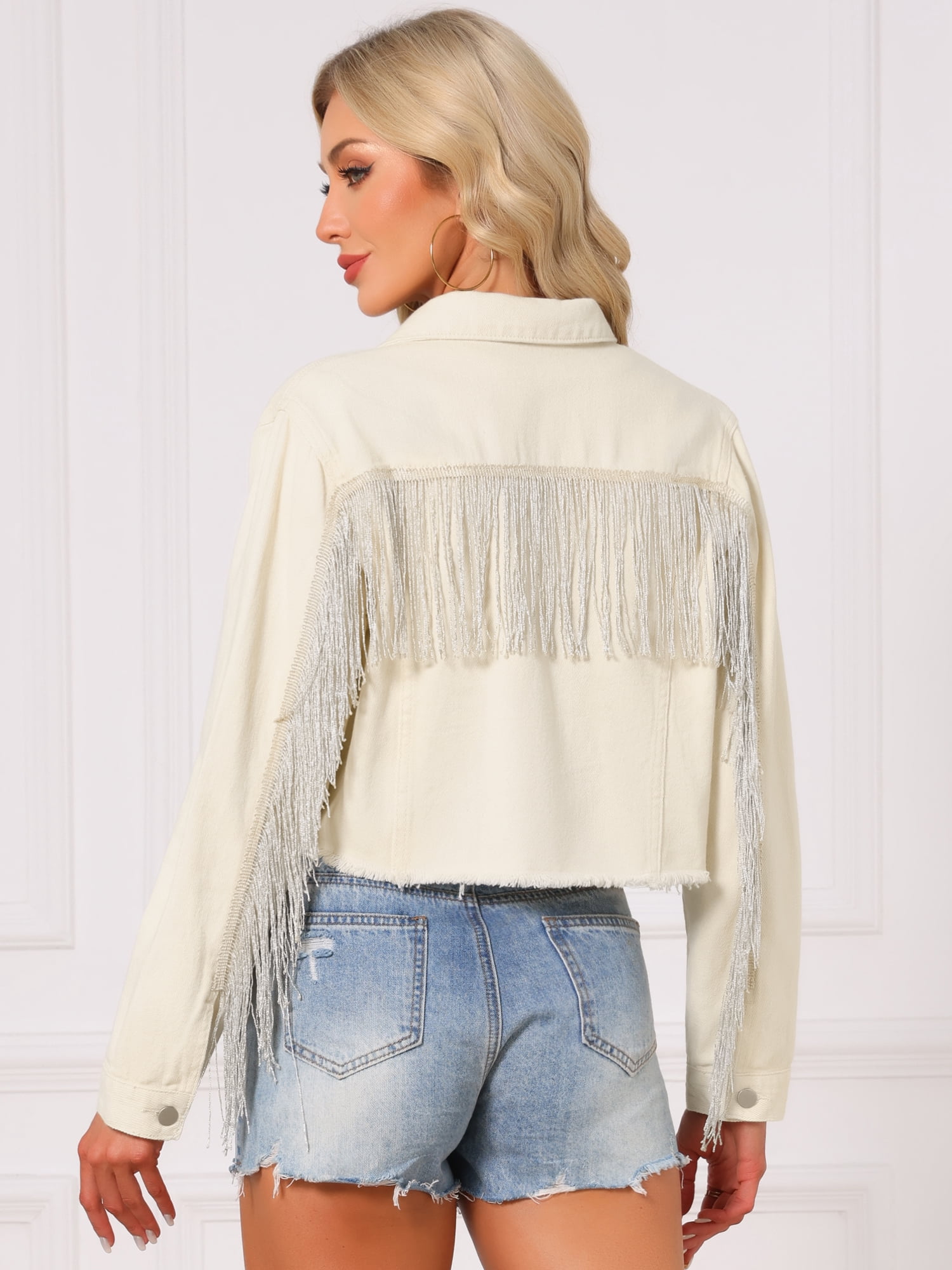 DARING DIVA Women's Cropped Jean Long Sleeve Frayed Tassel Fringe Denim Jacket XL White