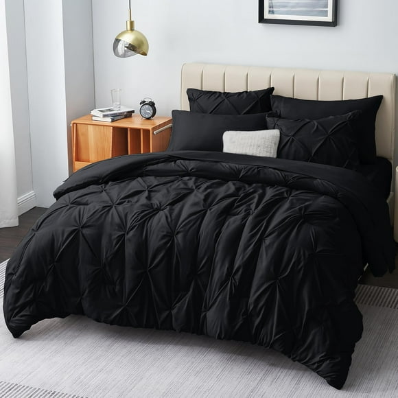 Cozylux Queen Comforter Set - 7 Pieces Comforters Queen Size Black Pintuck Bed In A Bag Pinch Pleat Complete Bedding Sets With Comforter Flat Sheet Fitted Sheet And Pillowcases & Shams