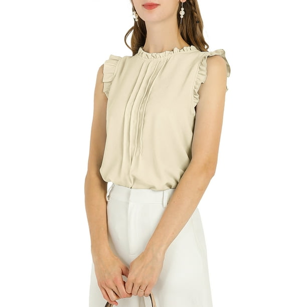 BLUSA SIN MANGAS CHIC PARA MUJER INSPIRADA, CON VOLANTES Y PLEATS, IDEAL PARA TRABAJAR, TALLA 3XL, BEIGE