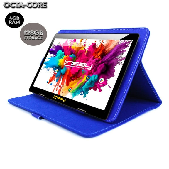 LINSAY 10.1" Octa Core 4GB RAM 128GB Storage Android 13 Tablet with case Blue Leather, Google Certified