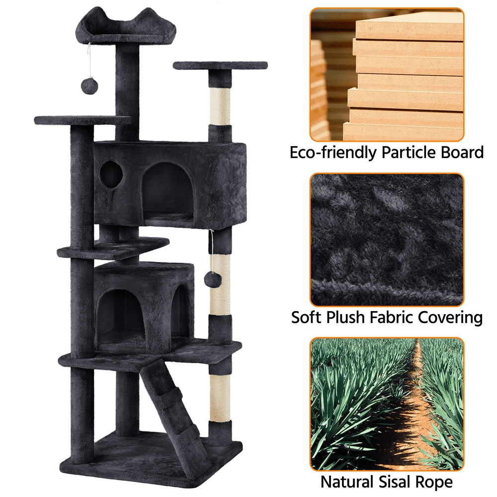 Alden Design 70" H Double Condo Cat Tree with Scratching Post Tower, Black