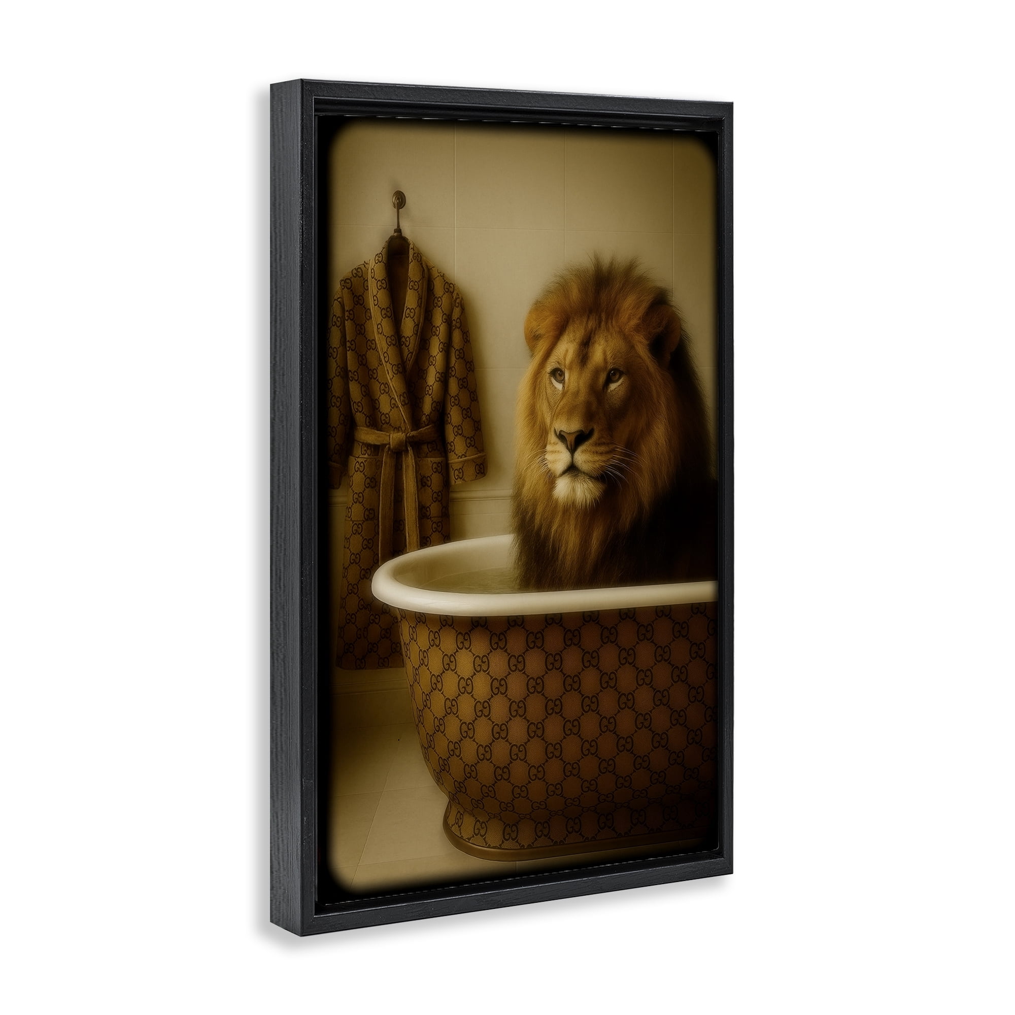 Stupell Industries Couture Lion in Luxury Tub Black Framed Floater Canvas Wall Art, design by Grotto Studios