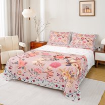Feelyou Romantic Rose Flower Full Size Sheets for Girl, Spring Leaf Botanical Bed Sheets, Retro French Style Sheet Sets, Lightweight Room Decor, 4-Piece