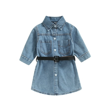 

Qtinghua Toddelr Baby Girl Dresses Long Sleeve Lapel Buttons Princess Party Casual Denim Dress+Waist Belt Clothes Blue 2-3 Years