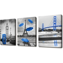 Blue Theme Paris Decor for Bedroom Eiffel Tower Decor Room Decor Canvas Wall Art Black and White Wall Art Blue Bathroom Decorations Canvas Painting Stretched and Framed Artwork Size:12x16inchx3pcs