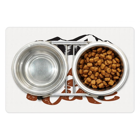 Take a Hike Pet Mat for Food and Water, Mountainous Pattern with a Bold Calligraphy Nature Thematic, Non-Slip Rubber Mat for Dogs and Cats, 18" X 12", by Ambesonne