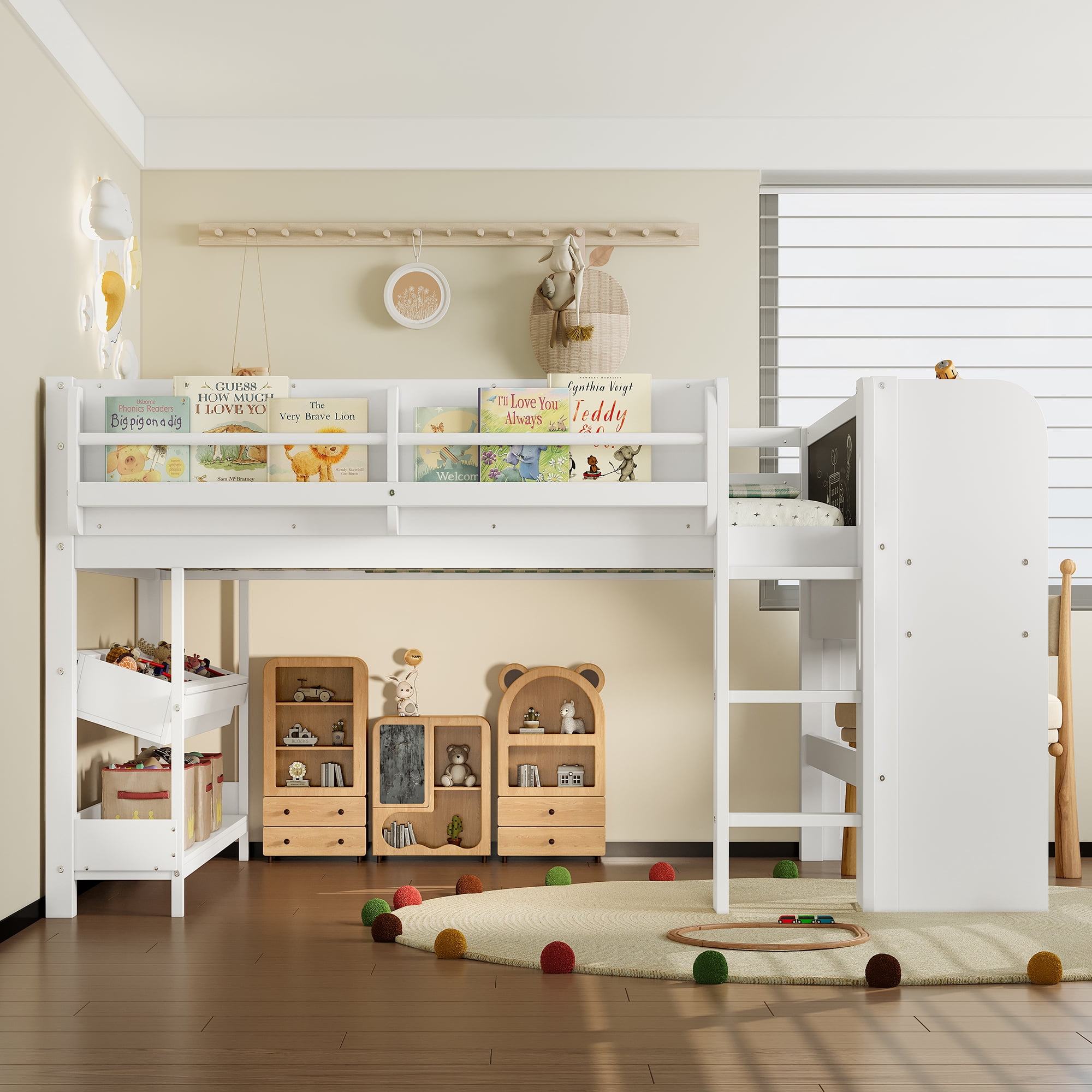 Mintazer Full Low Loft Bed with Desk & Blackboard, Kids Loft Bed with Storage Drawers, No Spring Box Needed, White