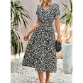 thumbnail image 4 of Franhais Women's Summer Beach Midi Dress Floral Print Short Sleeve Wrap V Neck Tie-Front Slit A-Line Dress, 4 of 7