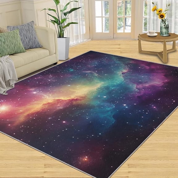 Galaxy Area Rug, Colorful Nebula Bedroom Rug, Cosmic Starry Rugs for Living Room, Indoor Carpet, Low-Pile & Non Slip, Washable Rugs & Home Decor 4 x 6ft