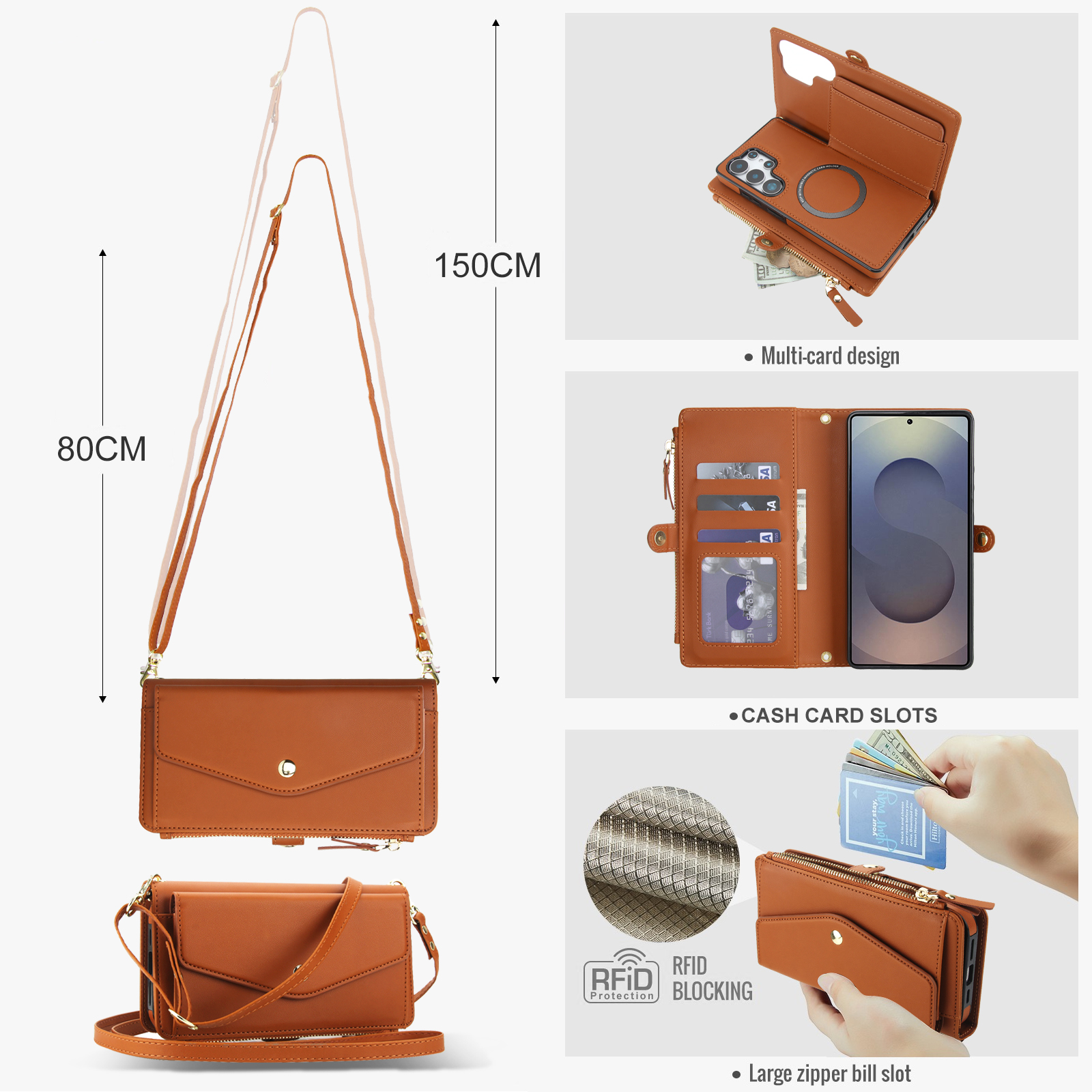 Designed for Samsung Galaxy S24 Multi-Function Wallet Phone Case,With Shoulder Strap&Wrist Strap,Cash Pocket&Card Slots,Zipper Purse,Magnetic Detachable PU Leather Flip Phone Case,Brown