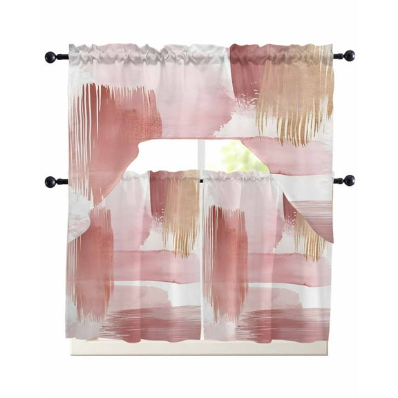 Pink Abstract Art Kitchen Curtains Sets 36 Inch Length with Valance, Contemporary Luxury Color Block Swag Valances and Tiers Curtain Set Drapes Swag Curtains for Living Room, Bathroom, Bedroom, Cafe