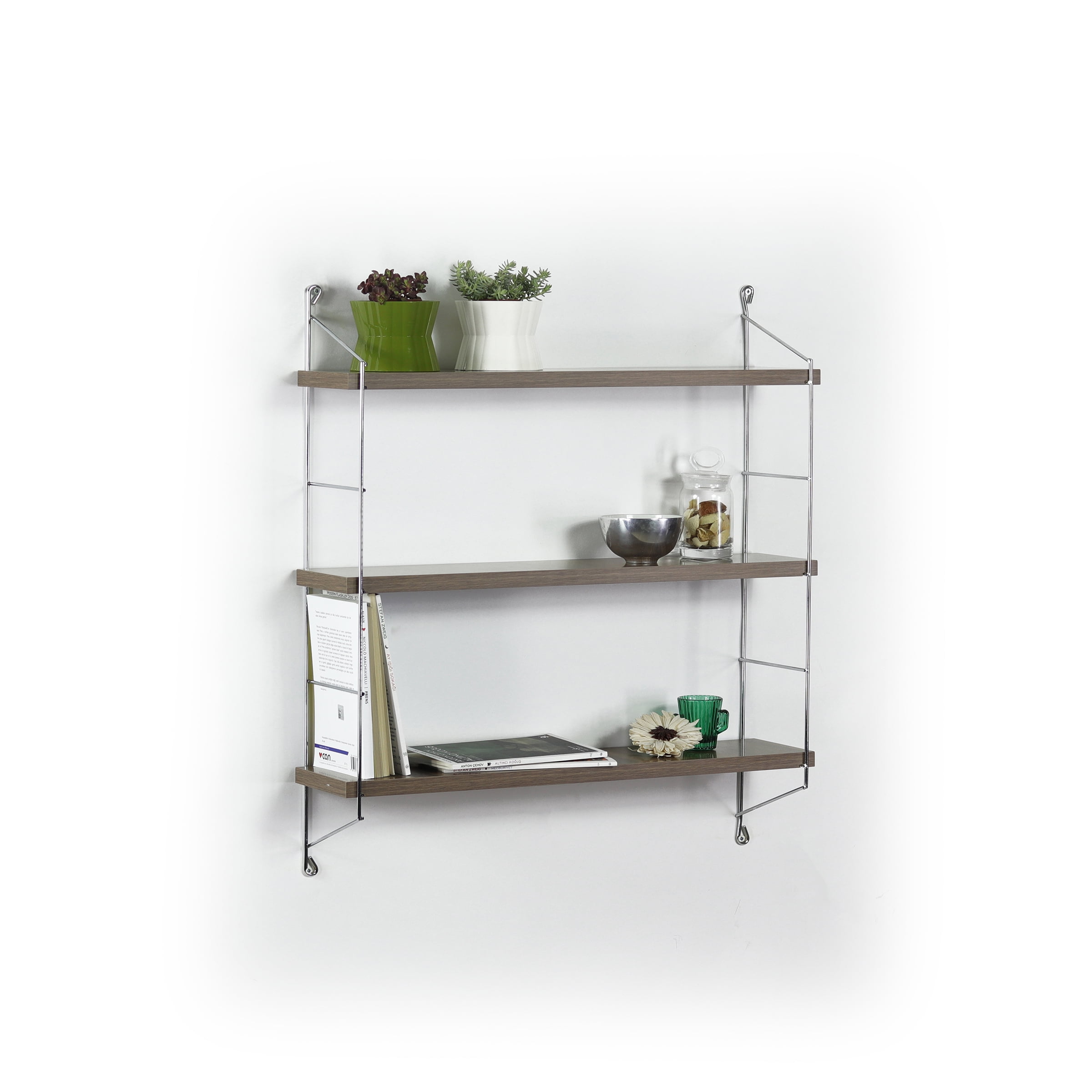 Neelix Walnut and Chrome 3-Tier Floating Wall Shelf