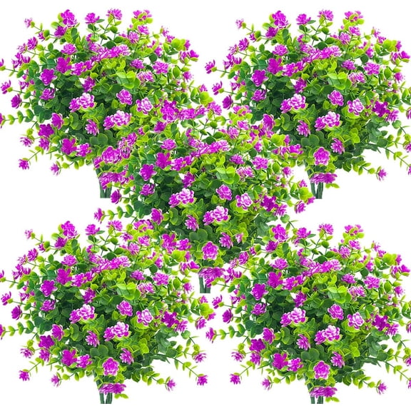 10 Bundles Artificial Fake Flowers, Faux Outdoor Plastic Plants UV Resistant Shrubs Outside Indoor Decorations (Purple-Eucalyptus)