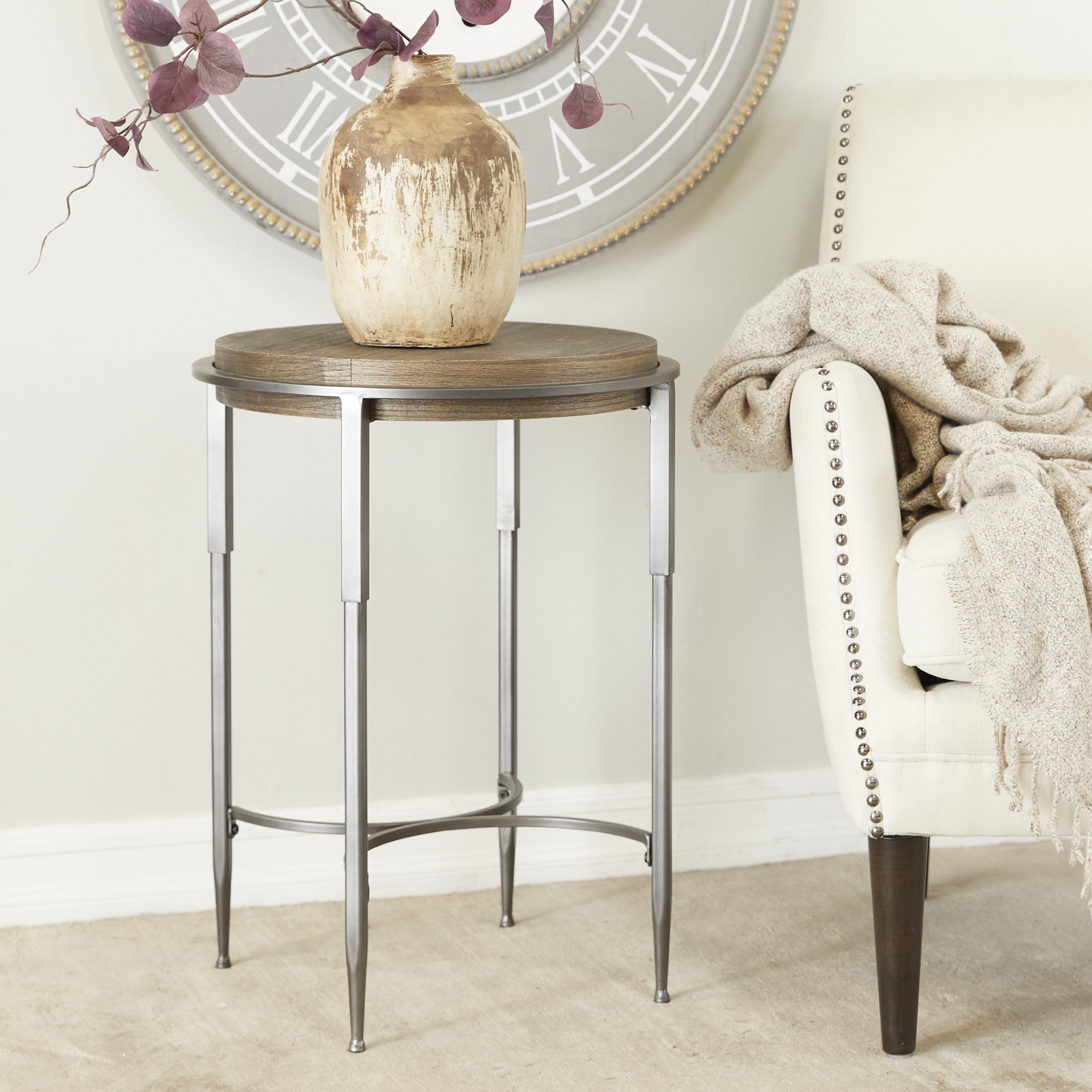 DecMode 18" x 25" Gray Metal Accent Table with Brown Wood Top, 1-Piece