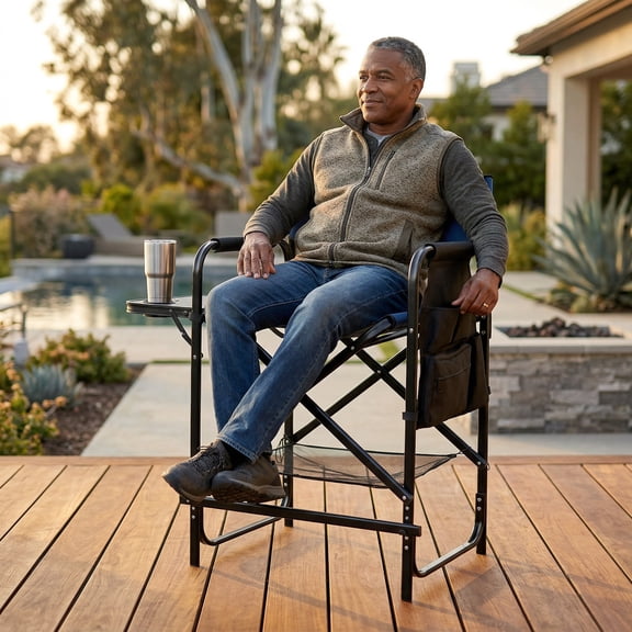 26-Inch Tall Directors Chair with Footrest, Bar Height Folding Camping Chair with Integrated Cup Holder, Side Table, and Storage Pocket, Gray and Navy